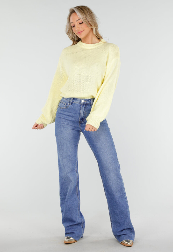 Gele Grofgebreide Oversized Trui met Ronde Hals