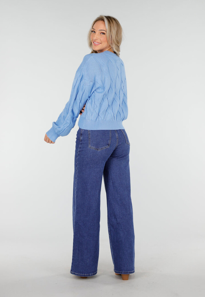 Blauwe Kabelgebreide Trui met Ronde Hals en Lange Mouwen