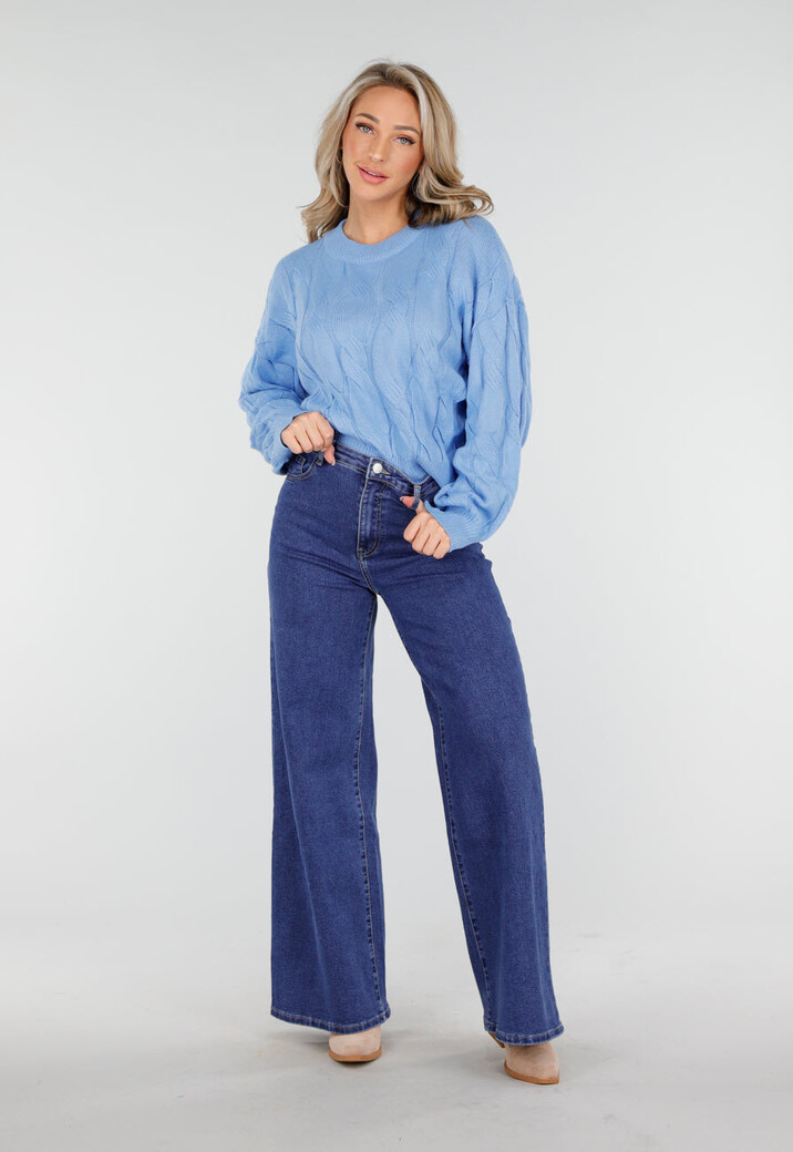 Blauwe Kabelgebreide Trui met Ronde Hals en Lange Mouwen