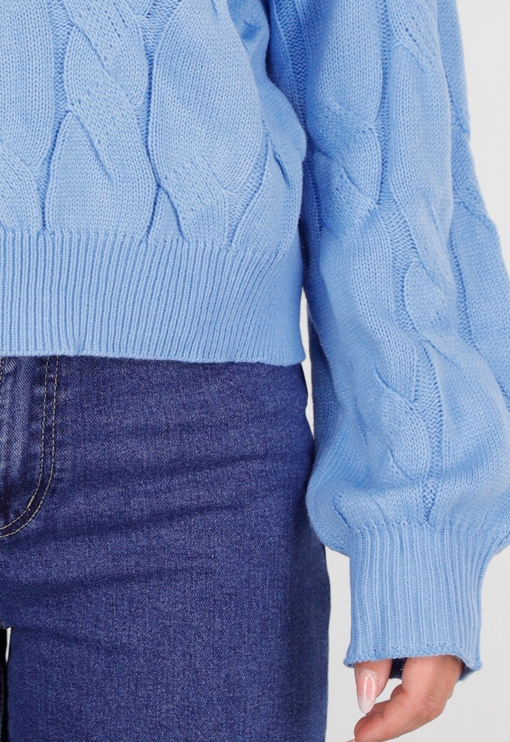 Blauwe Kabelgebreide Trui met Ronde Hals en Lange Mouwen
