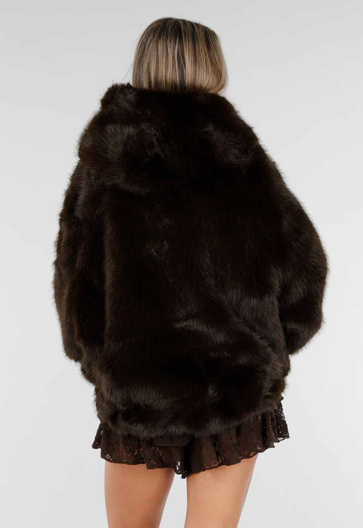 Donkerbruine Faux Fur Jas met Capuchon en Oversized Pasvorm