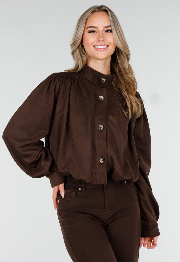 Donkerbruin Suèdelook Jasje met Knoopsluiting en Pofmouwen