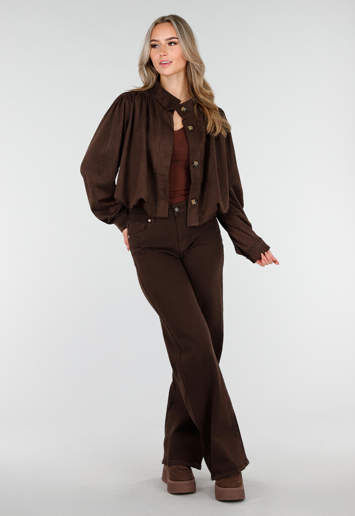 Donkerbruin Suèdelook Jasje met Knoopsluiting en Pofmouwen