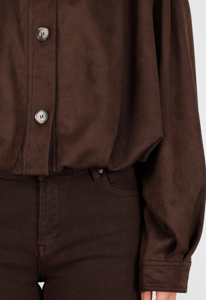 Donkerbruin Suèdelook Jasje met Knoopsluiting en Pofmouwen