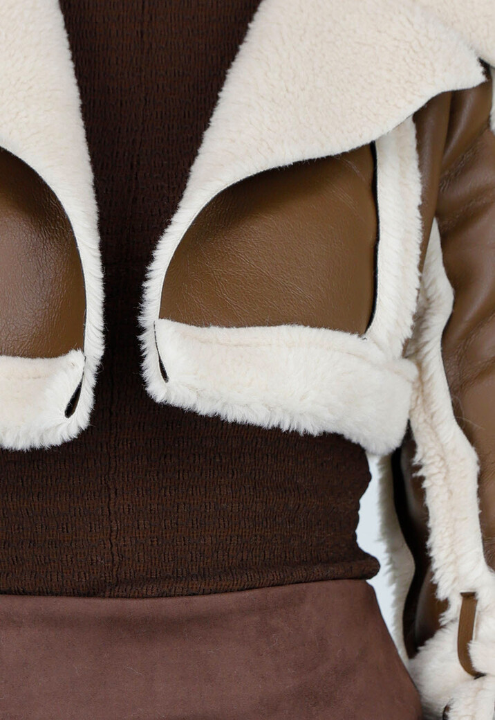 Korte Bruine Lederlook Jas met Imitatiebont