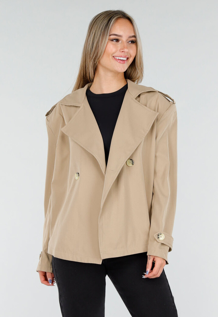 Beige Korte Trenchcoat met Ceintuur en Dubbele Knoopsluiting