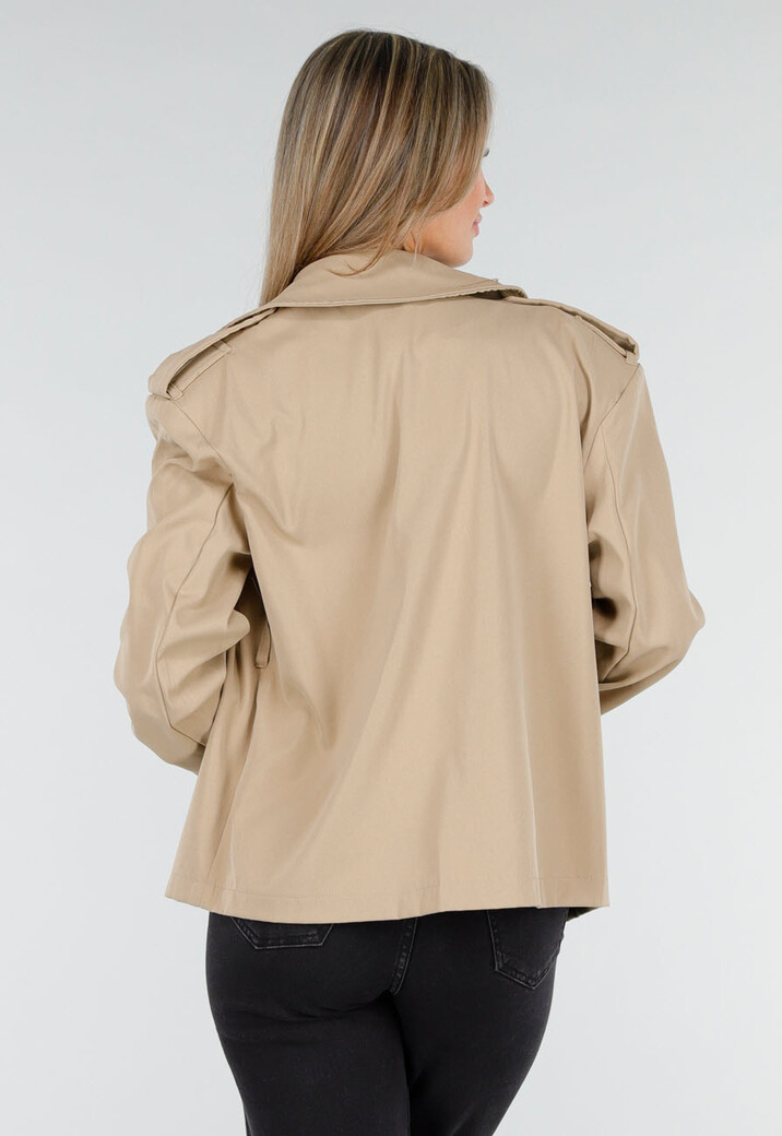 Beige Korte Trenchcoat met Ceintuur en Dubbele Knoopsluiting