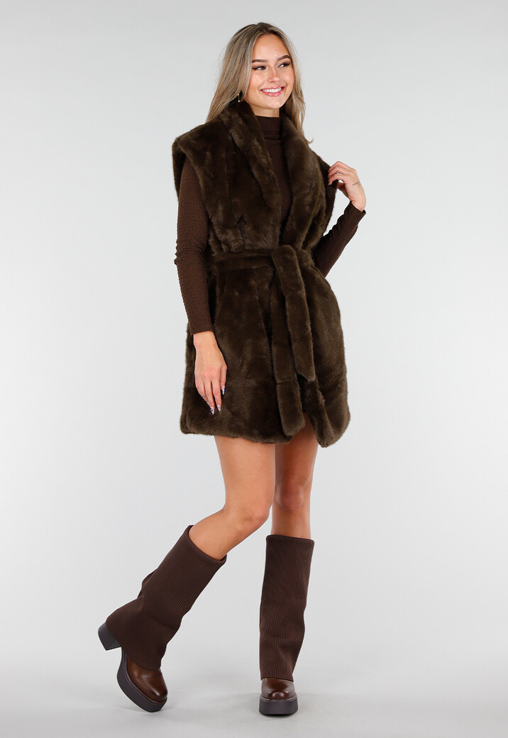 Donkerbruine Faux Fur Bodywarmer met Ceintuur