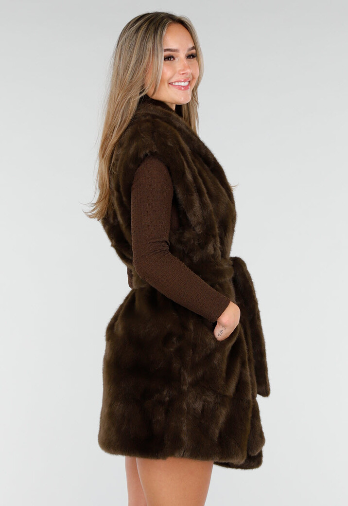 Donkerbruine Faux Fur Bodywarmer met Ceintuur