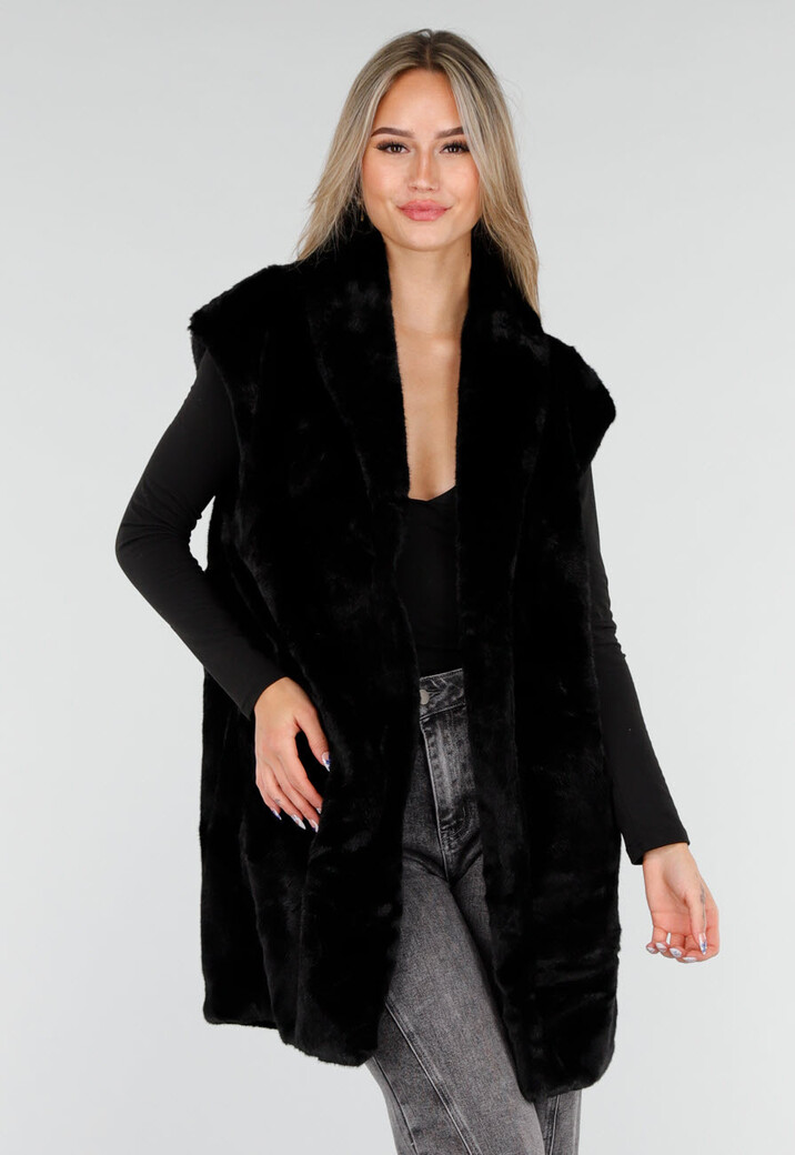 Zwarte Faux Fur Bodywarmer met Ceintuur en Kraag