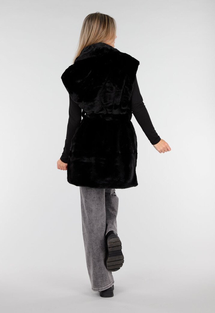Zwarte Faux Fur Bodywarmer met Ceintuur en Kraag