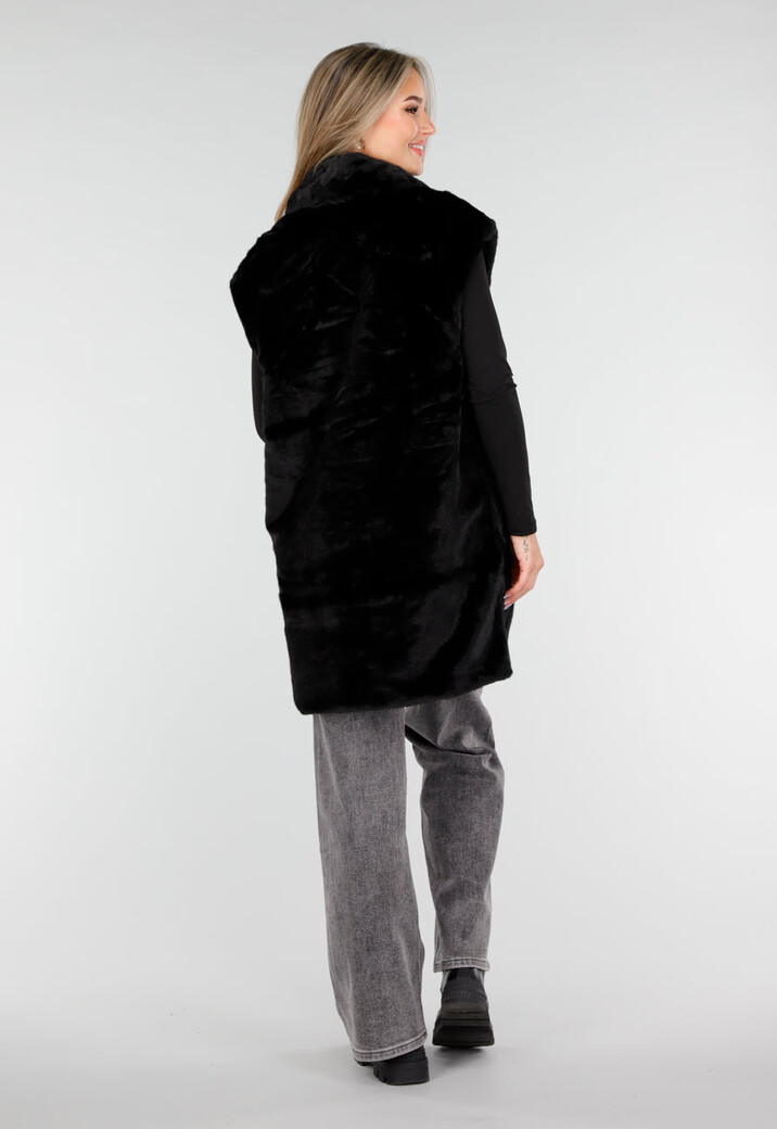 Zwarte Faux Fur Bodywarmer met Ceintuur en Kraag