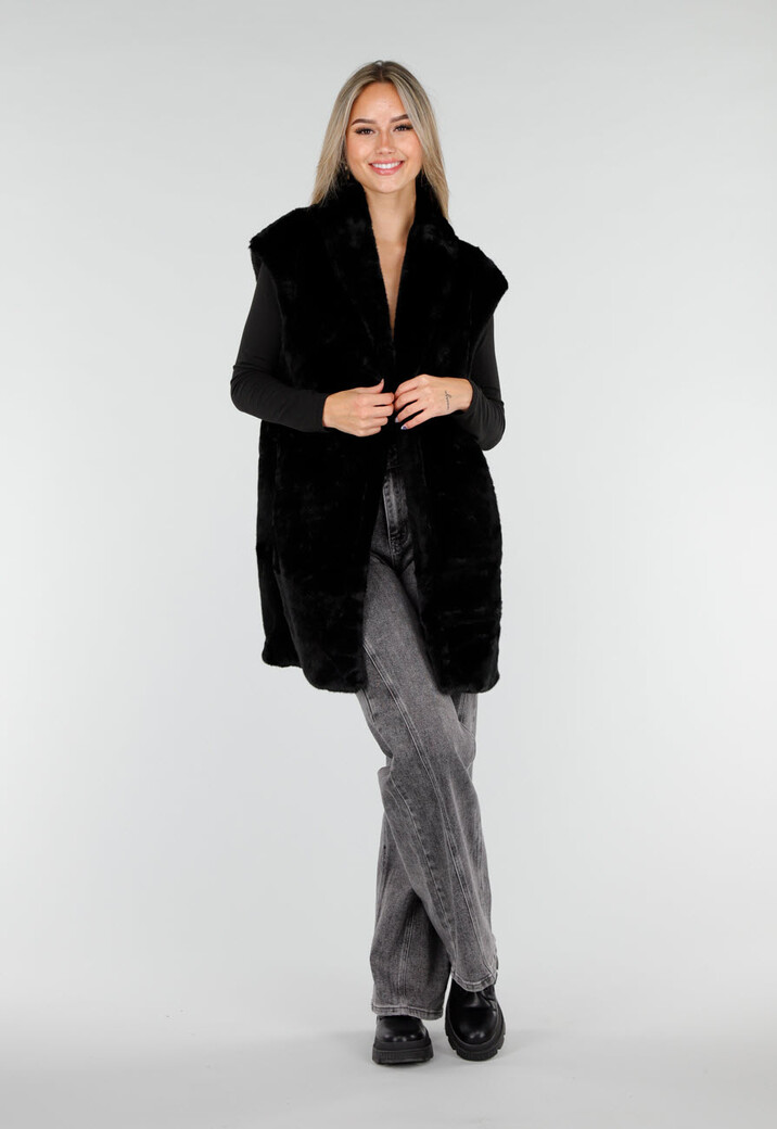 Zwarte Faux Fur Bodywarmer met Ceintuur en Kraag
