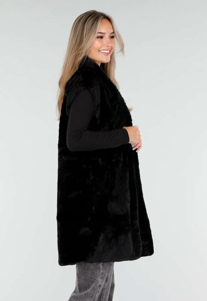 Zwarte Faux Fur Bodywarmer met Ceintuur en Kraag