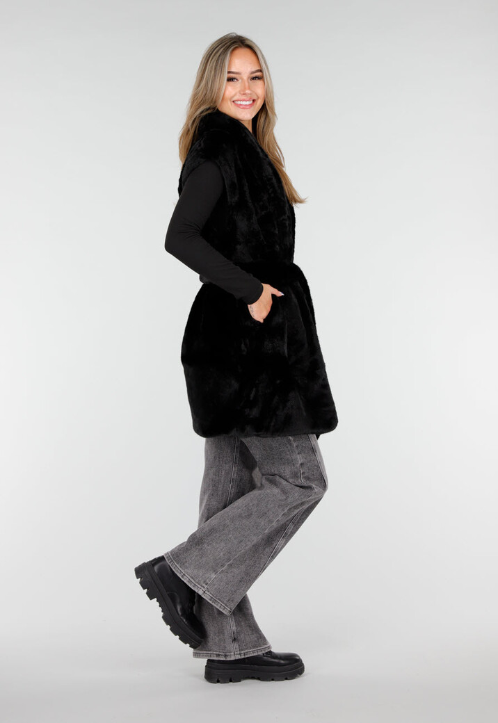 Zwarte Faux Fur Bodywarmer met Ceintuur en Kraag