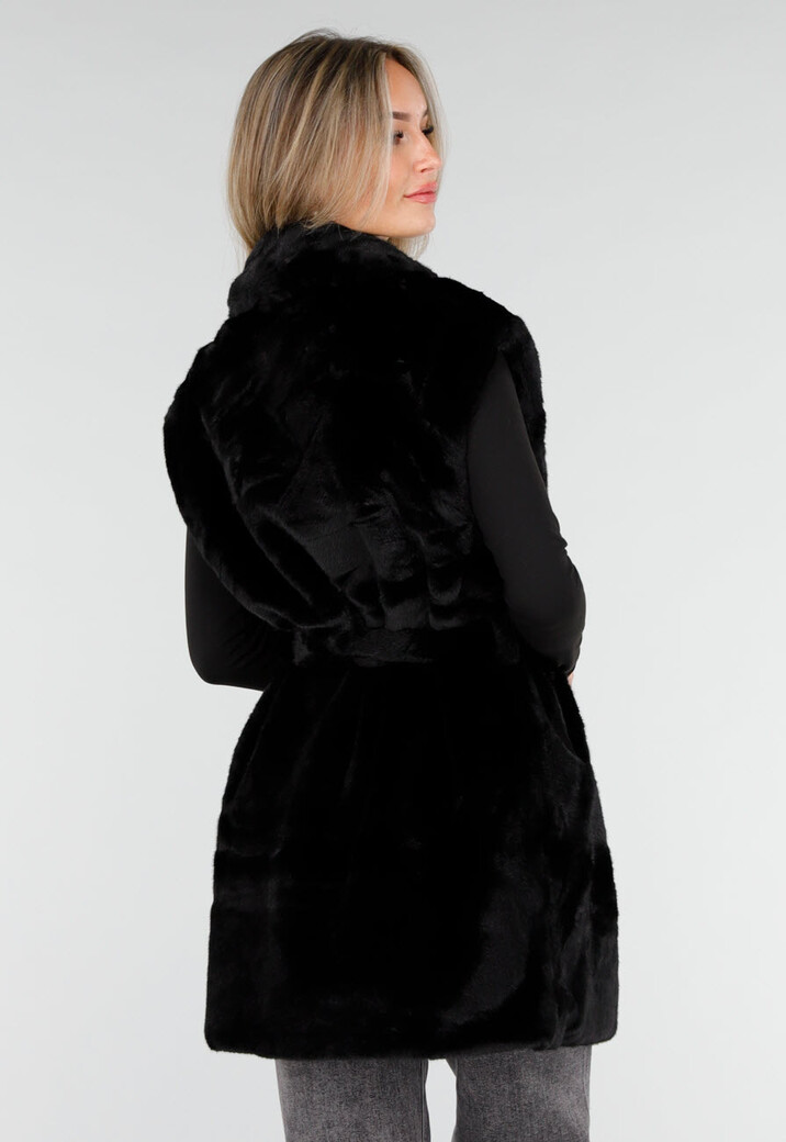 Zwarte Faux Fur Bodywarmer met Ceintuur en Kraag