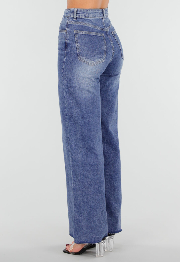 Blauwe High Waist Wide Leg Stretch Jeans met Wassing