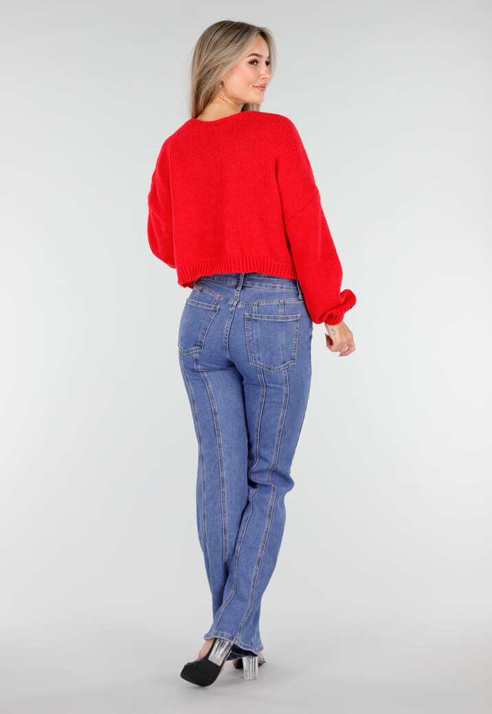 Blauwe Stretch Jeans met Rechte Pijpen en Verticale Stiknaden