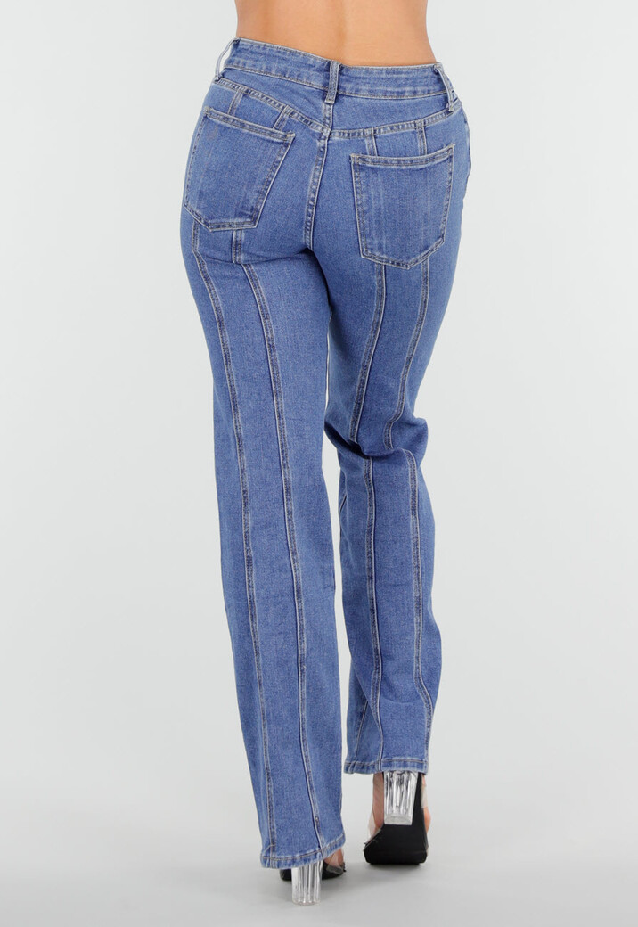 Blauwe Stretch Jeans met Rechte Pijpen en Verticale Stiknaden