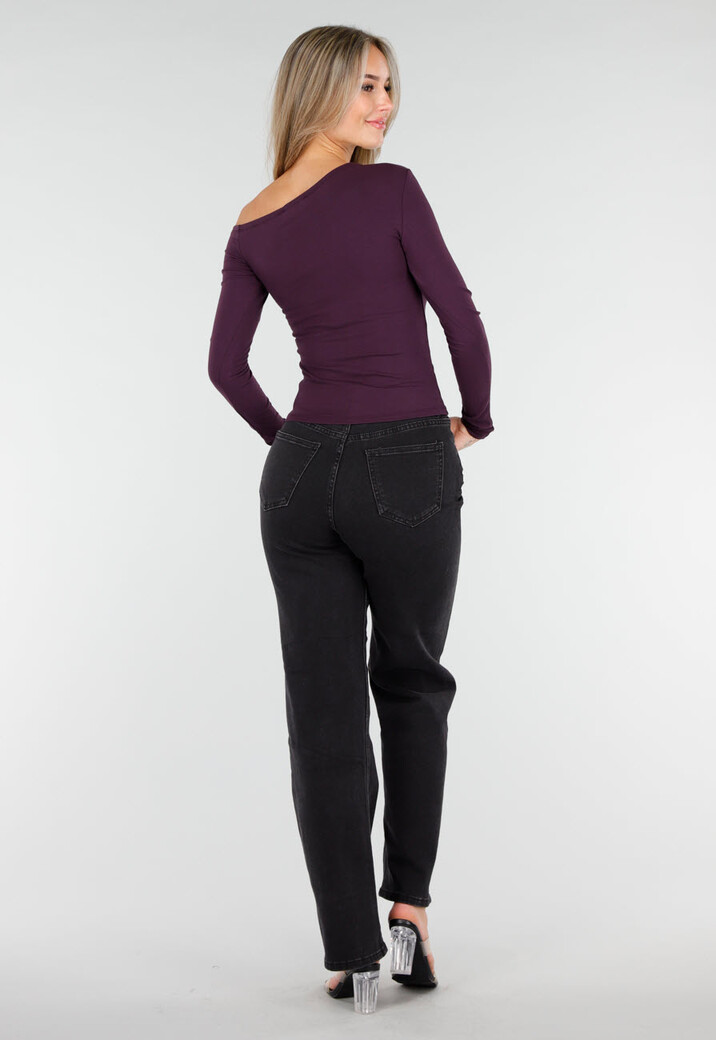 Paarskleurige One Shoulder Stretch Top met Lange Mouwen en Aansluitende Pasvorm