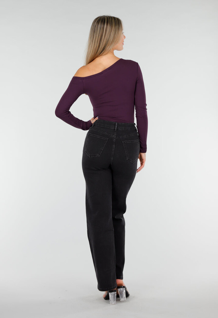 Paarskleurige One Shoulder Stretch Top met Lange Mouwen en Aansluitende Pasvorm