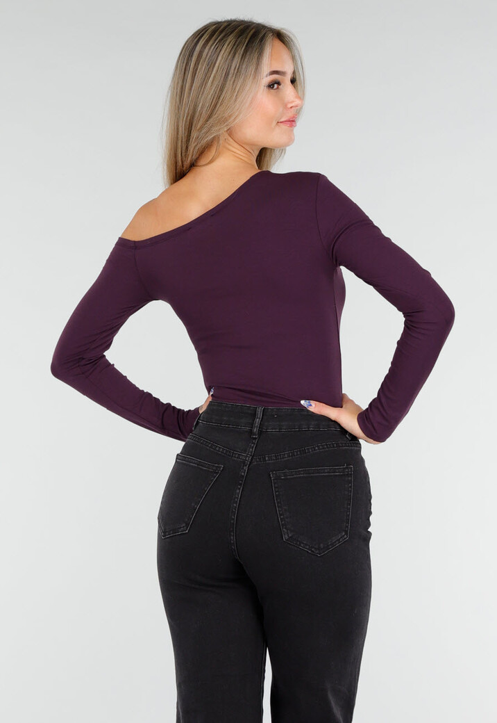 Paarskleurige One Shoulder Stretch Top met Lange Mouwen en Aansluitende Pasvorm