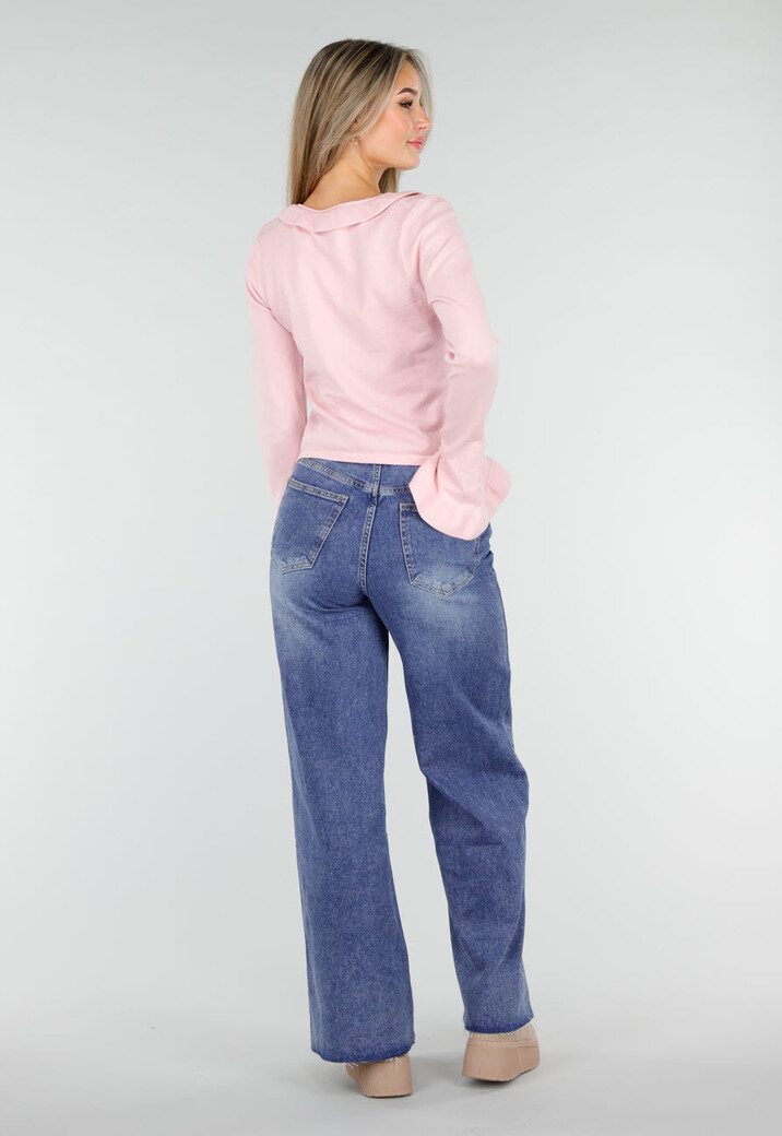 Lichtroze Stretch Top met Ruches en Striksluiting aan de Voorzijde