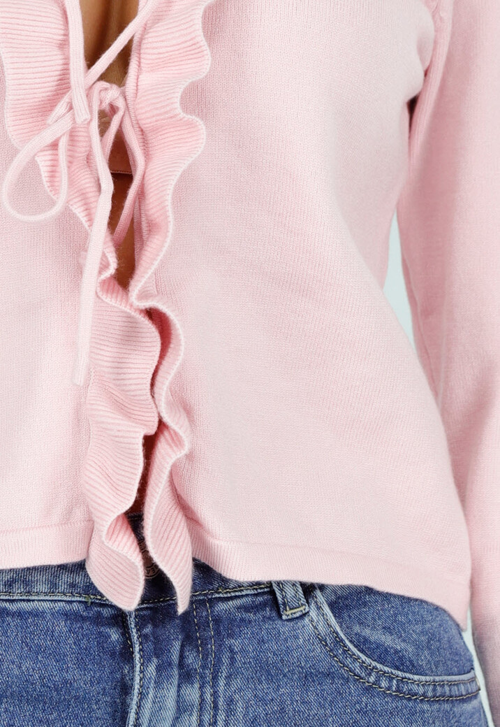 Lichtroze Stretch Top met Ruches en Striksluiting aan de Voorzijde