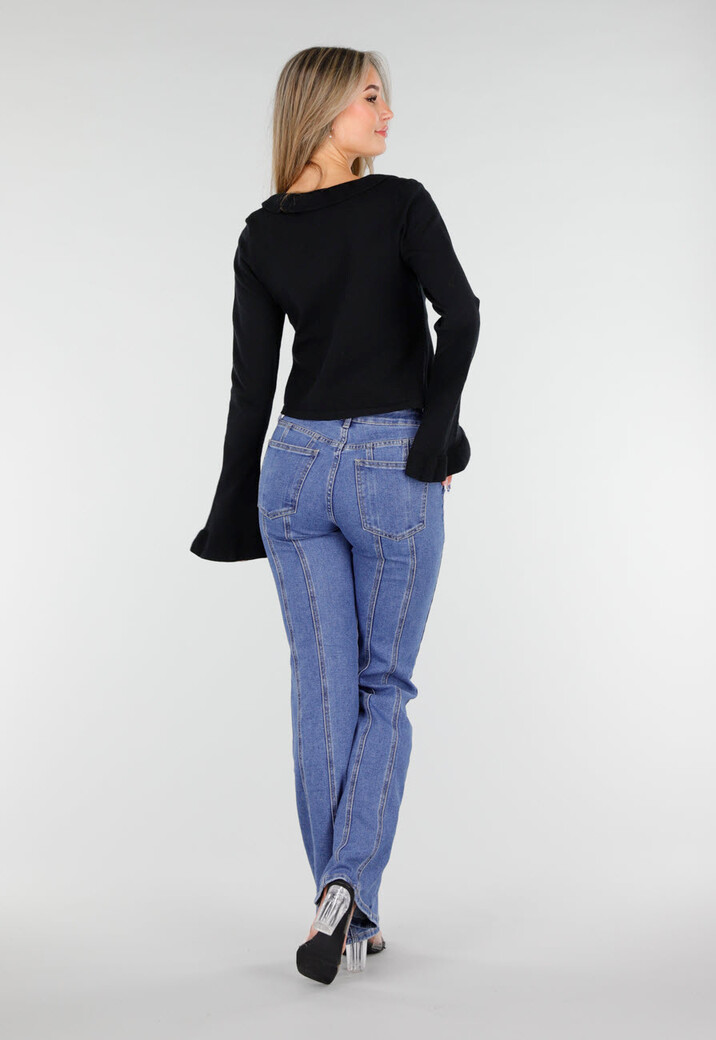 Zwarte Stretch Top met Ruches en Striksluiting aan de Voorzijde