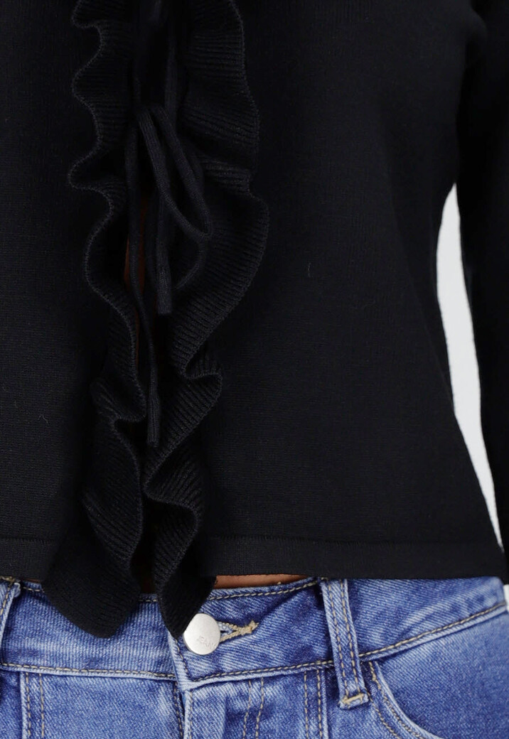 Zwarte Stretch Top met Ruches en Striksluiting aan de Voorzijde