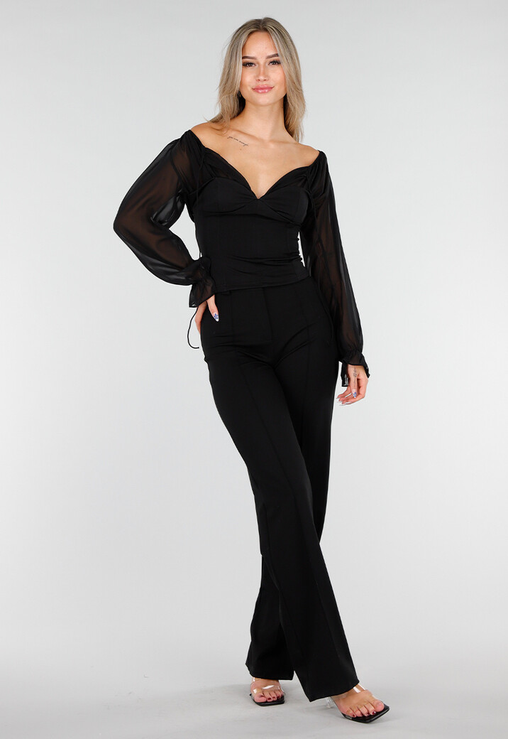 Zwarte Top met Mesh Mouwen en Korsetvormig Lijfje