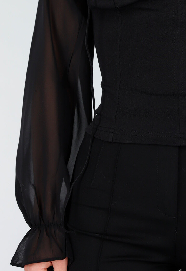 Zwarte Top met Mesh Mouwen en Korsetvormig Lijfje