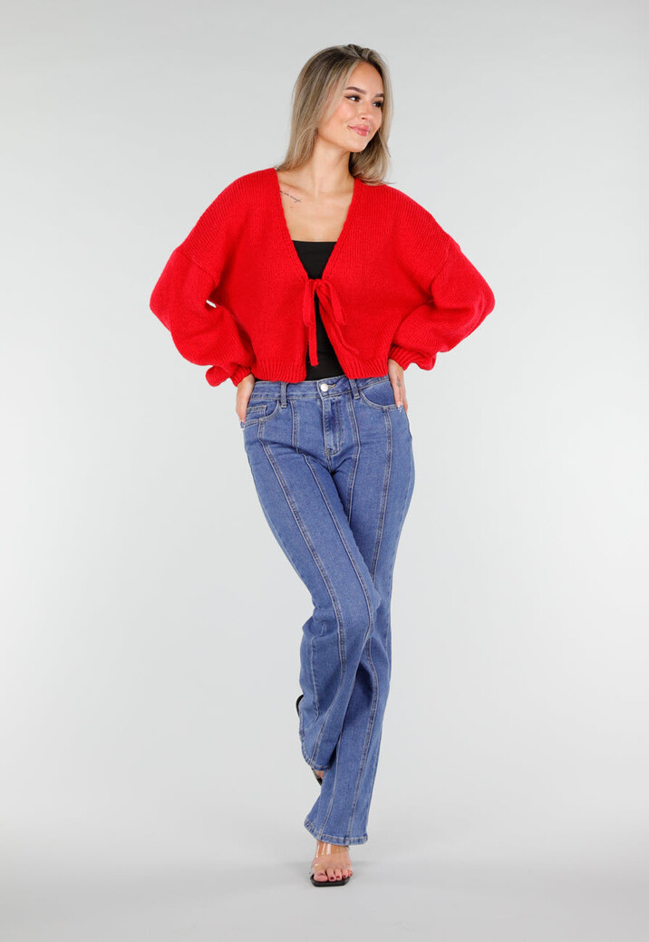 Rood Gebreid Vest met Strik aan de Voorzijde