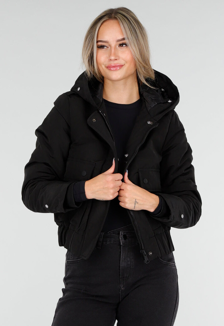 Zwarte Korte Winterjas met Afneembare Faux Fur Kraag en Manchetten