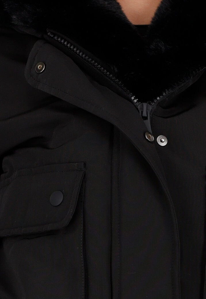 Zwarte Korte Winterjas met Afneembare Faux Fur Kraag en Manchetten