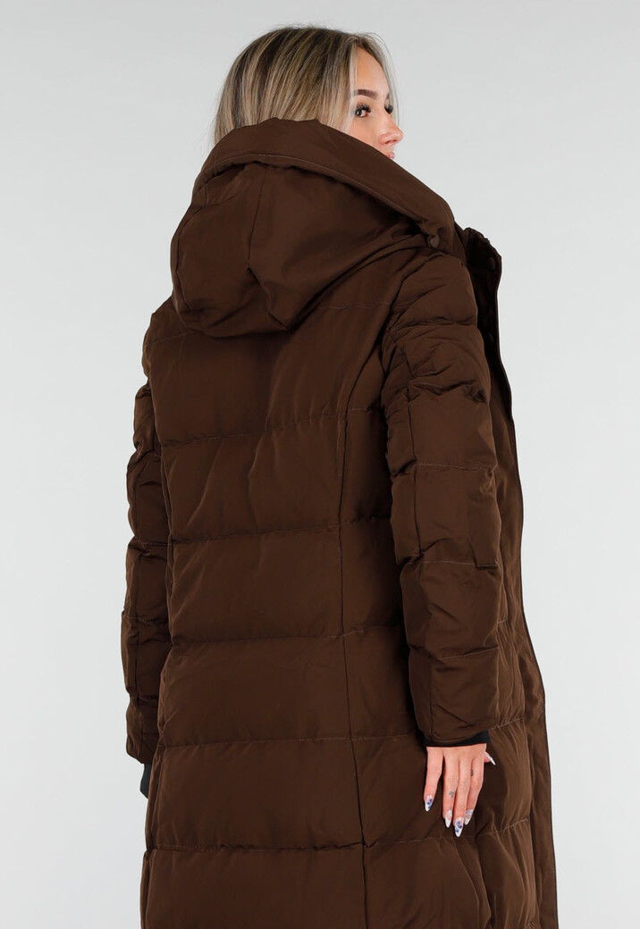 Bruine Lange Gewatteerde Winterjas met Capuchon en Ritsluiting