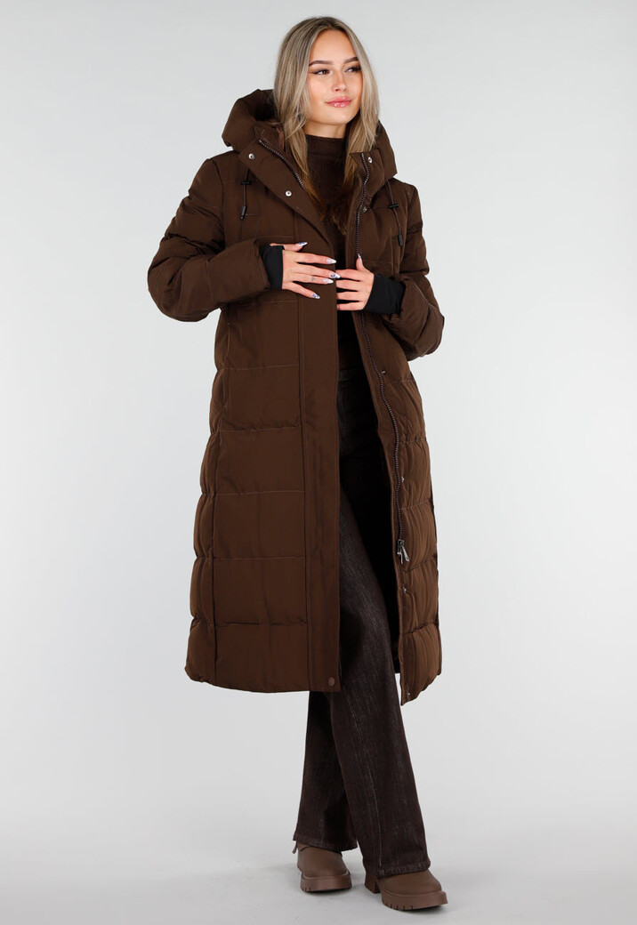 Bruine Lange Gewatteerde Winterjas met Capuchon en Ritsluiting