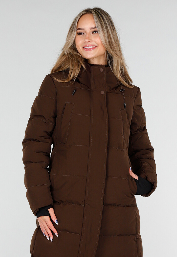 Bruine Lange Gewatteerde Winterjas met Capuchon en Ritsluiting