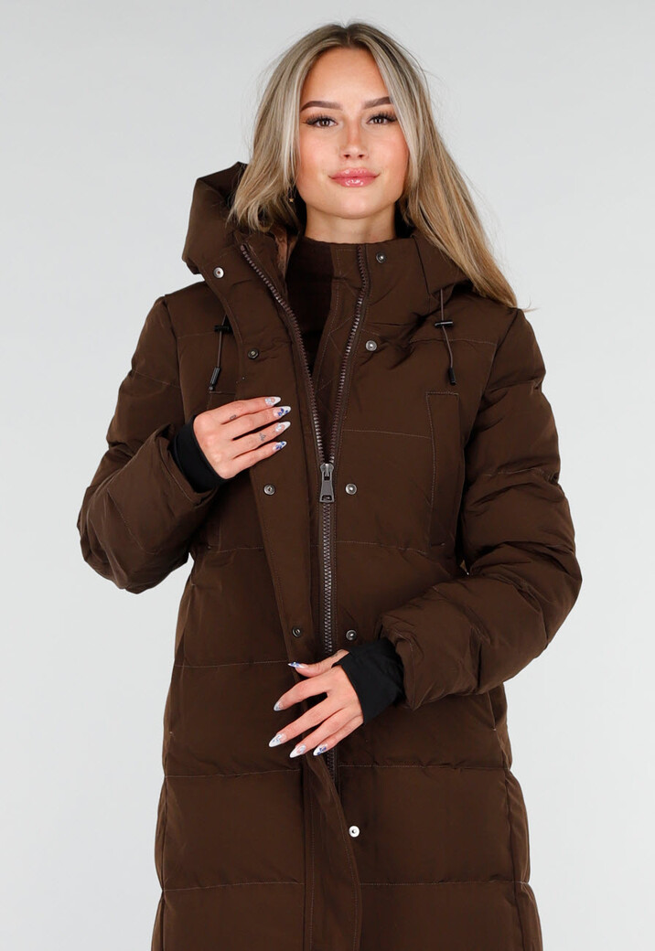 Bruine Lange Gewatteerde Winterjas met Capuchon en Ritsluiting