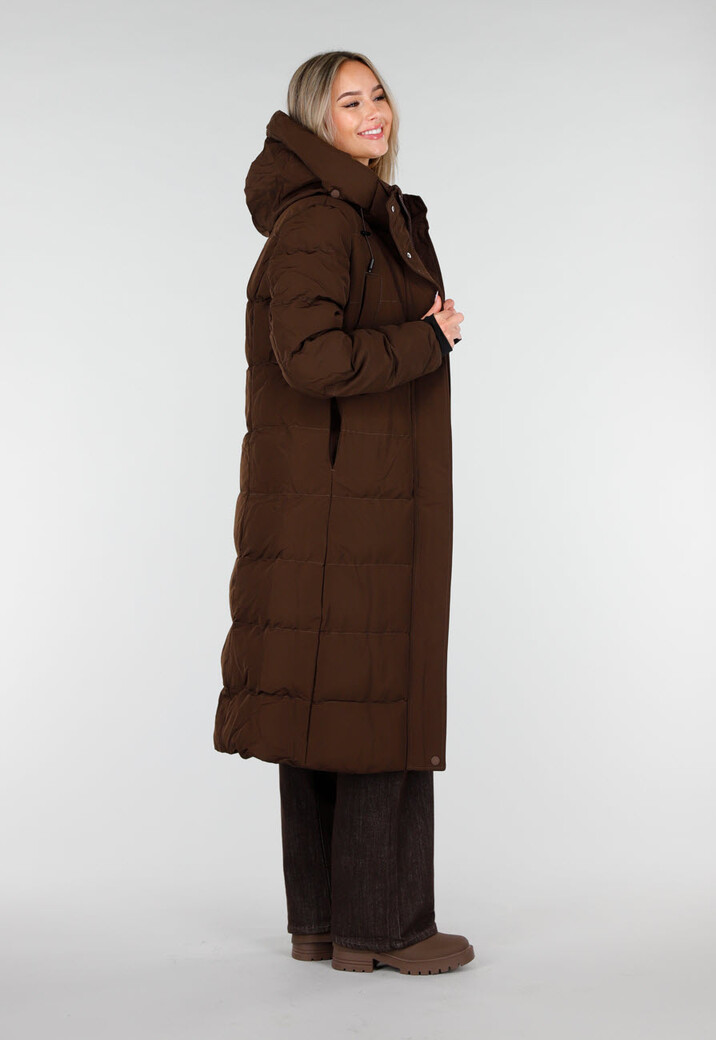 Bruine Lange Gewatteerde Winterjas met Capuchon en Ritsluiting