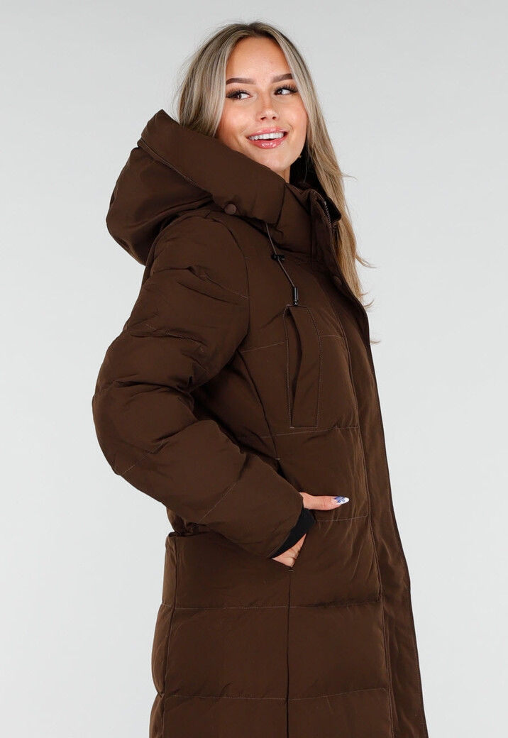 Bruine Lange Gewatteerde Winterjas met Capuchon en Ritsluiting