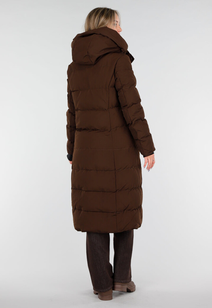 Bruine Lange Gewatteerde Winterjas met Capuchon en Ritsluiting