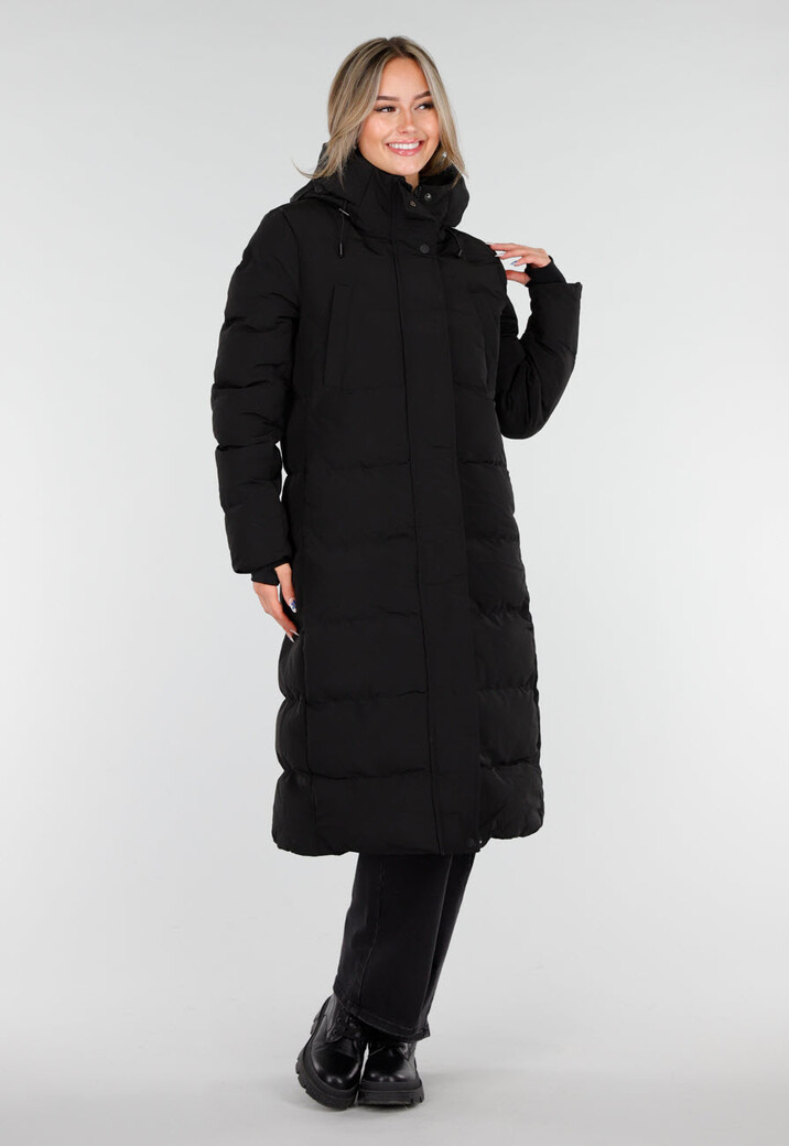 Zwarte Lange Gewatteerde Winterjas met Capuchon en Ritsluiting