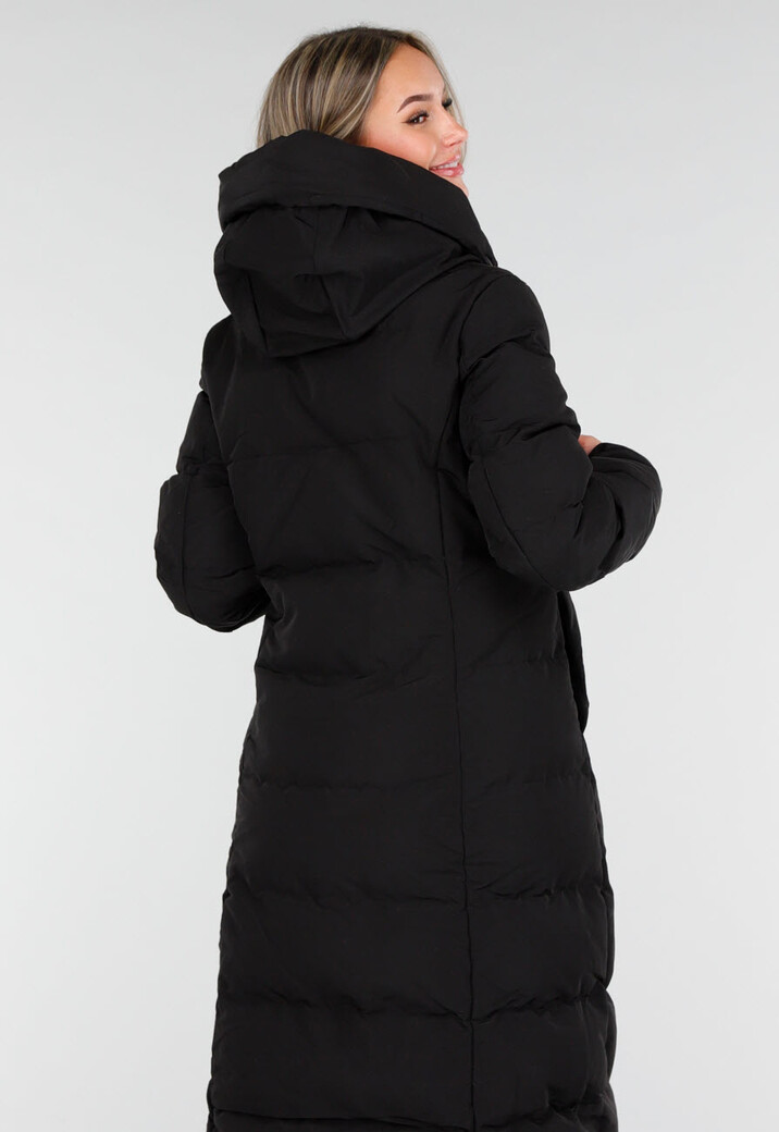 Zwarte Lange Gewatteerde Winterjas met Capuchon en Ritsluiting