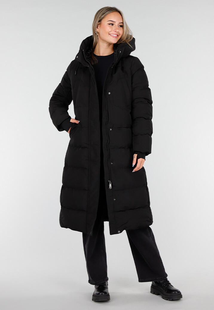 Zwarte Lange Gewatteerde Winterjas met Capuchon en Ritsluiting