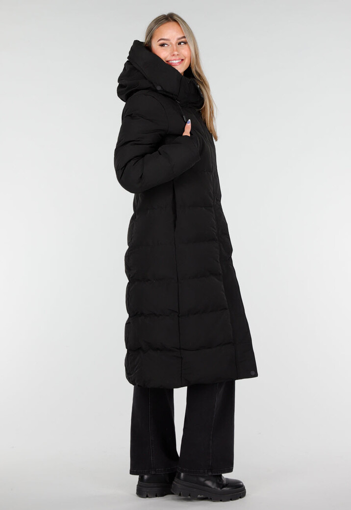 Zwarte Lange Gewatteerde Winterjas met Capuchon en Ritsluiting