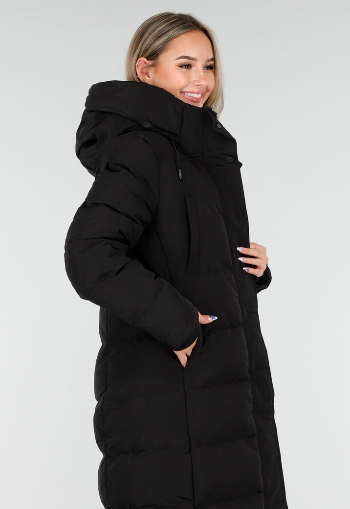 Zwarte Lange Gewatteerde Winterjas met Capuchon en Ritsluiting