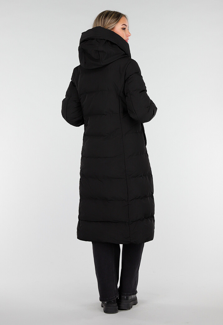 Zwarte Lange Gewatteerde Winterjas met Capuchon en Ritsluiting