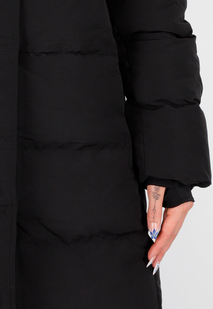 Zwarte Lange Gewatteerde Winterjas met Capuchon en Ritsluiting