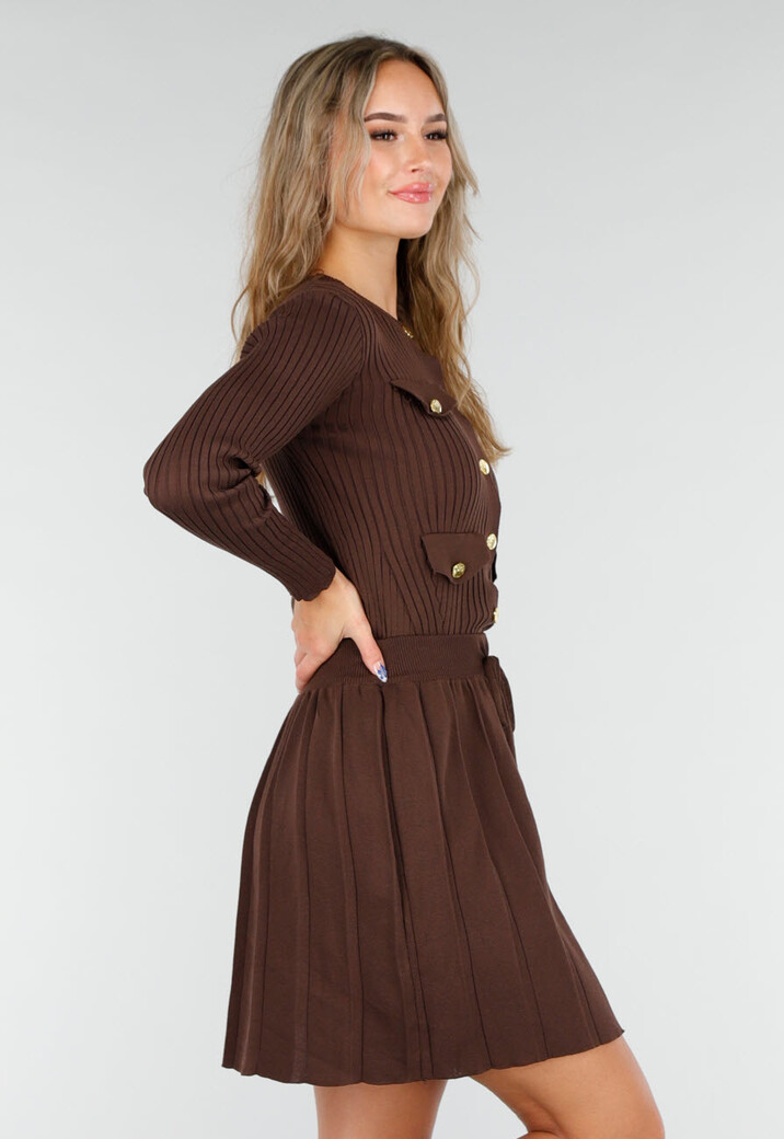 Bruine Geribde Stretch Two Piece Set met Plooirok